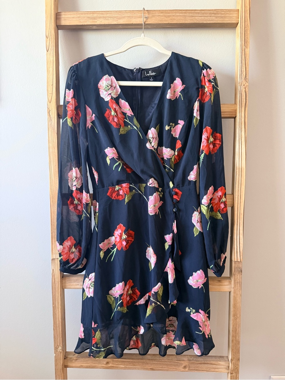 Lulu's Navy Floral Wrap Dress - Pink & Red Blooms